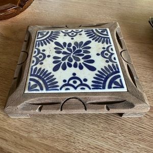 Vintage Mexican tile trivet made with teakwood base